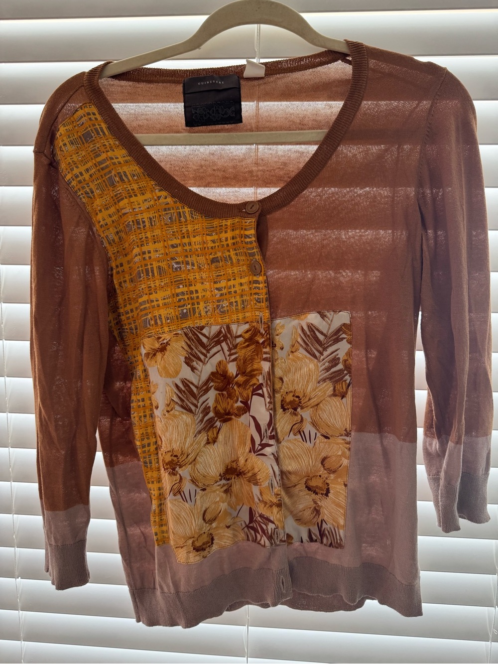 Anthropologie Mixed-Print Patchwork Cardigan in Brown and Mustard